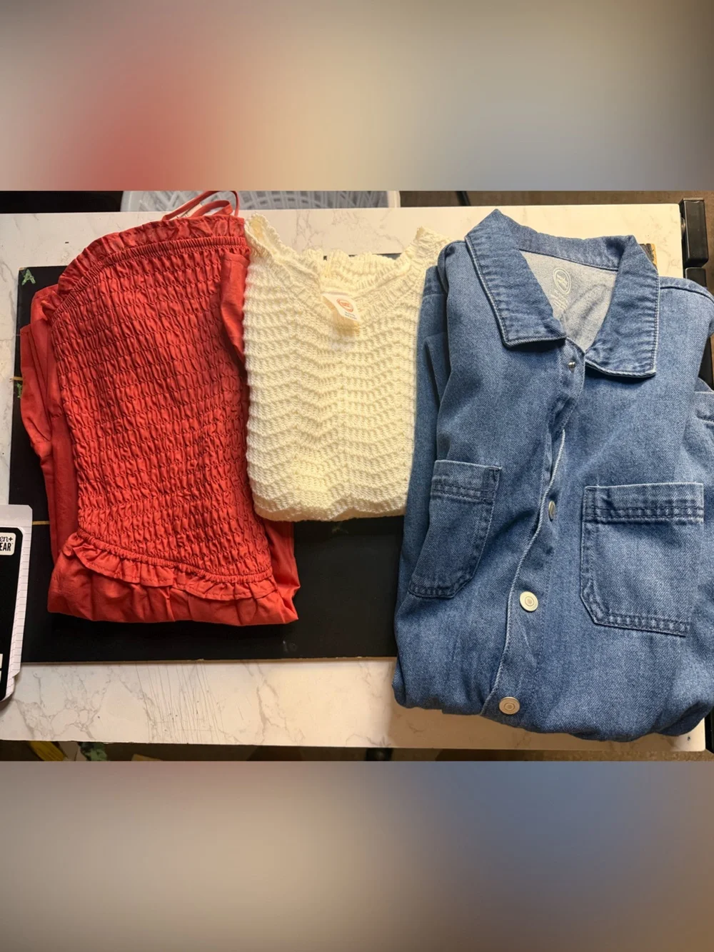 Red Smocked Top, Cream Knit Vest & Denim Button-Up Romper